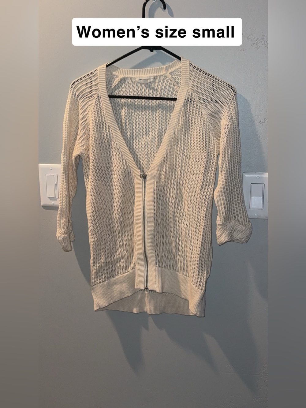 Lightweight Cream Zip-Front Open Knit Sweater